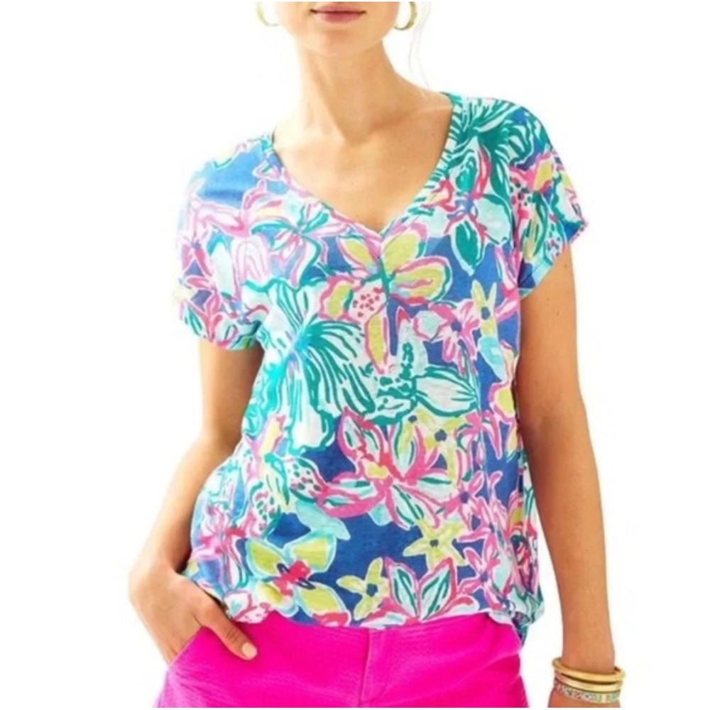Lilly Pulitzer Iris Blue Hartwell Top Women's XXS/XS 100% Linen Beach Tropical